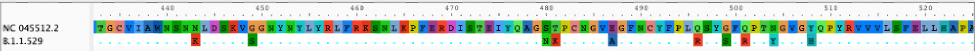 Sample amino acid sequence of the Spike protein (Wuhan reference vs. B.1.1.529)